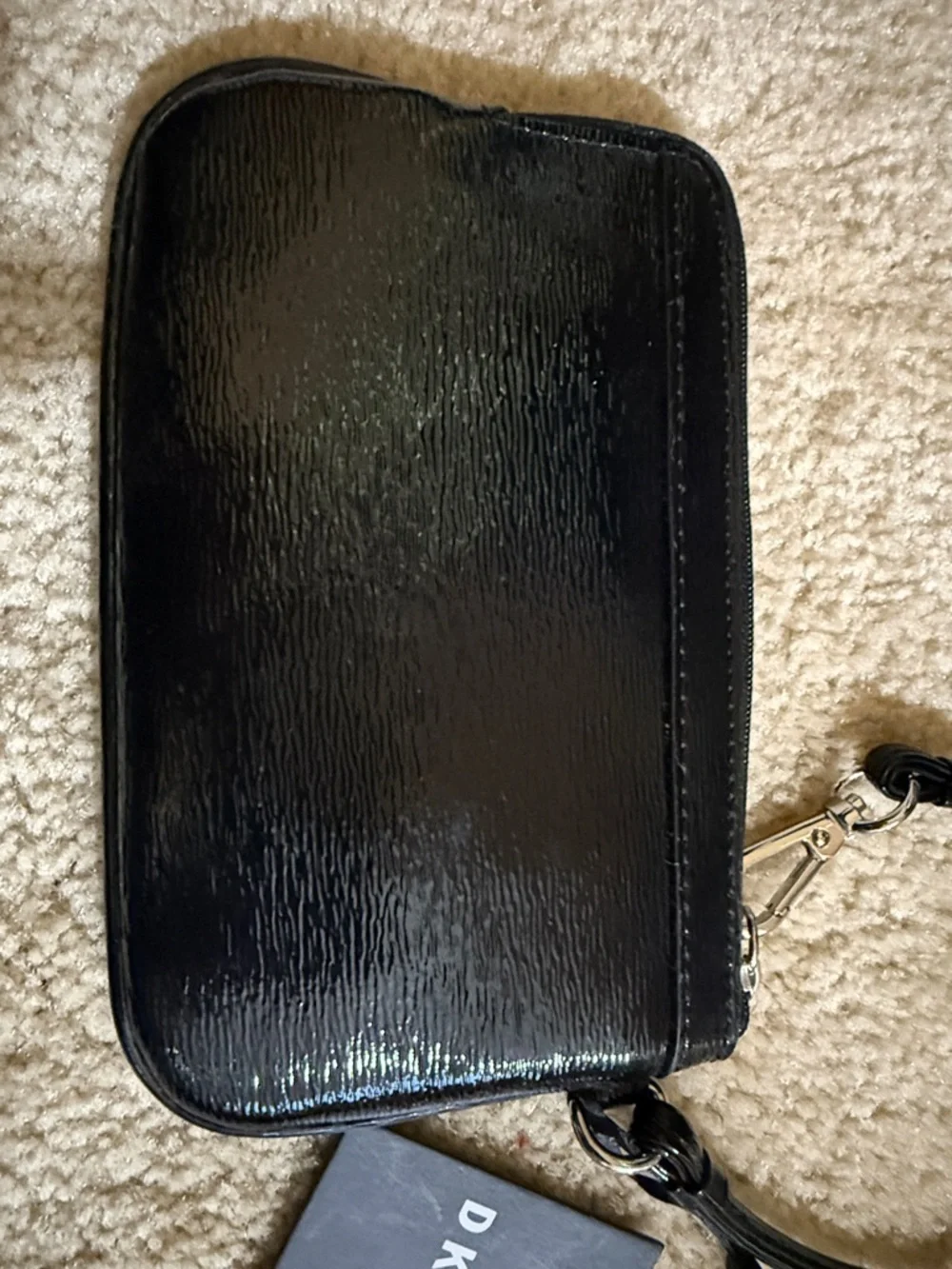 NWT DKNY Black Patent Wristlet with Strap and silver hardware